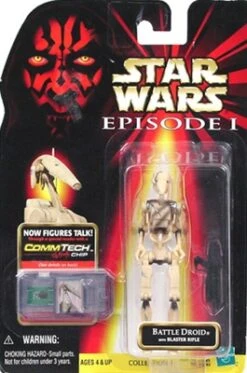 Star Wars Action Figure - Battle Droid With Blaster Rifle - Line / Stripe - Episode 1 - With CommTech Chip